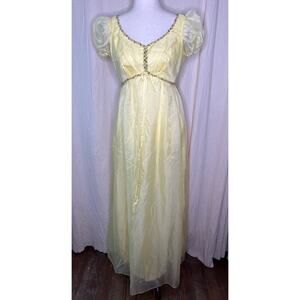 1970s Pastel Butter Yellow Floral Chiffon Coquette Fairy Tea Party Maxi Dress S